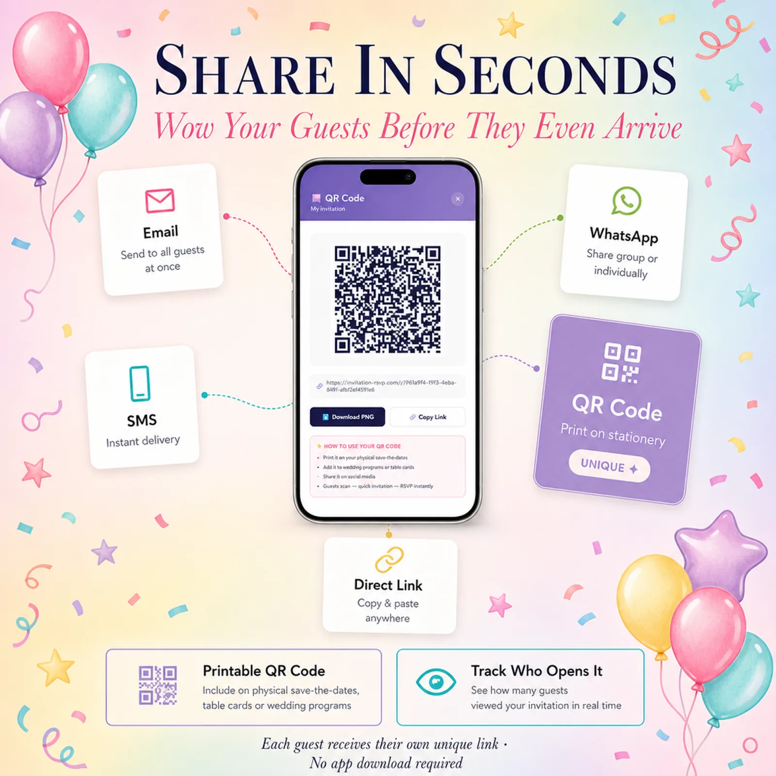 Pastel Rainbow birthday invitation QR code on a phone with email, SMS and WhatsApp sharing — pastel unicorn, plus a printable unique guest link