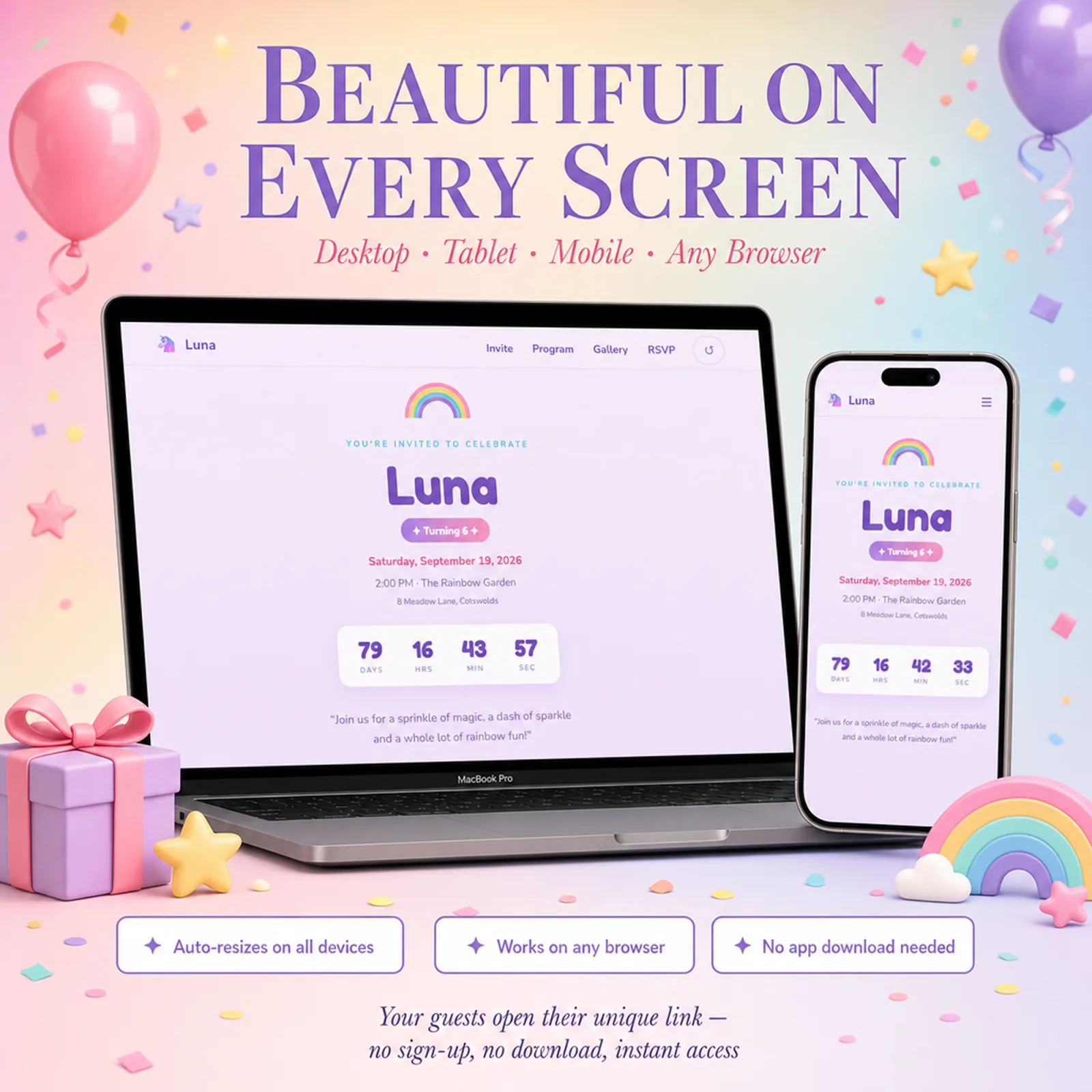 Pastel Rainbow birthday invitation website shown on laptop and phone — rainbow unicorn, responsive and beautiful on desktop, tablet and mobile