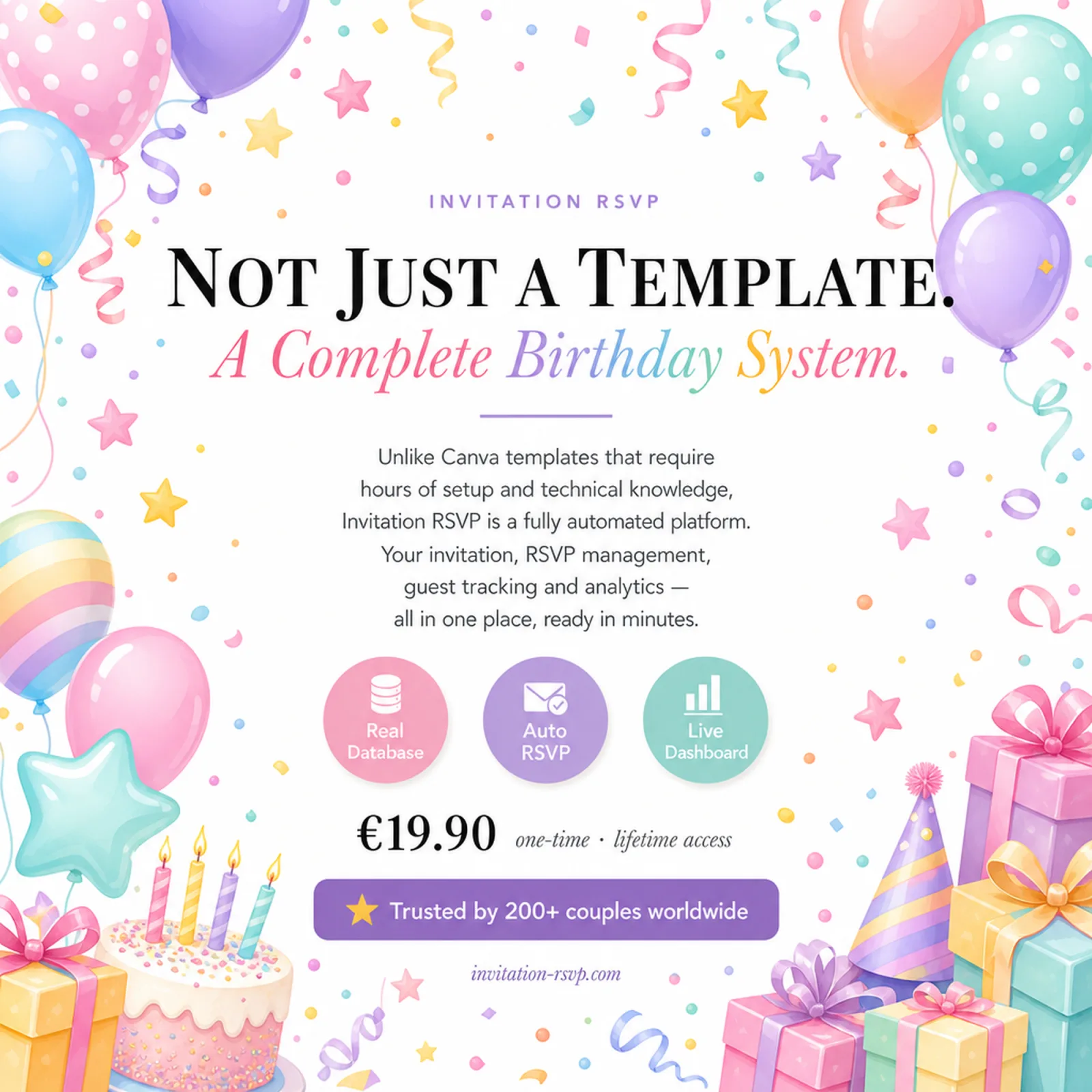 Pastel Rainbow birthday invitation — not just a template but a complete birthday system with real database, auto RSVP and live dashboard — unicorn invitation