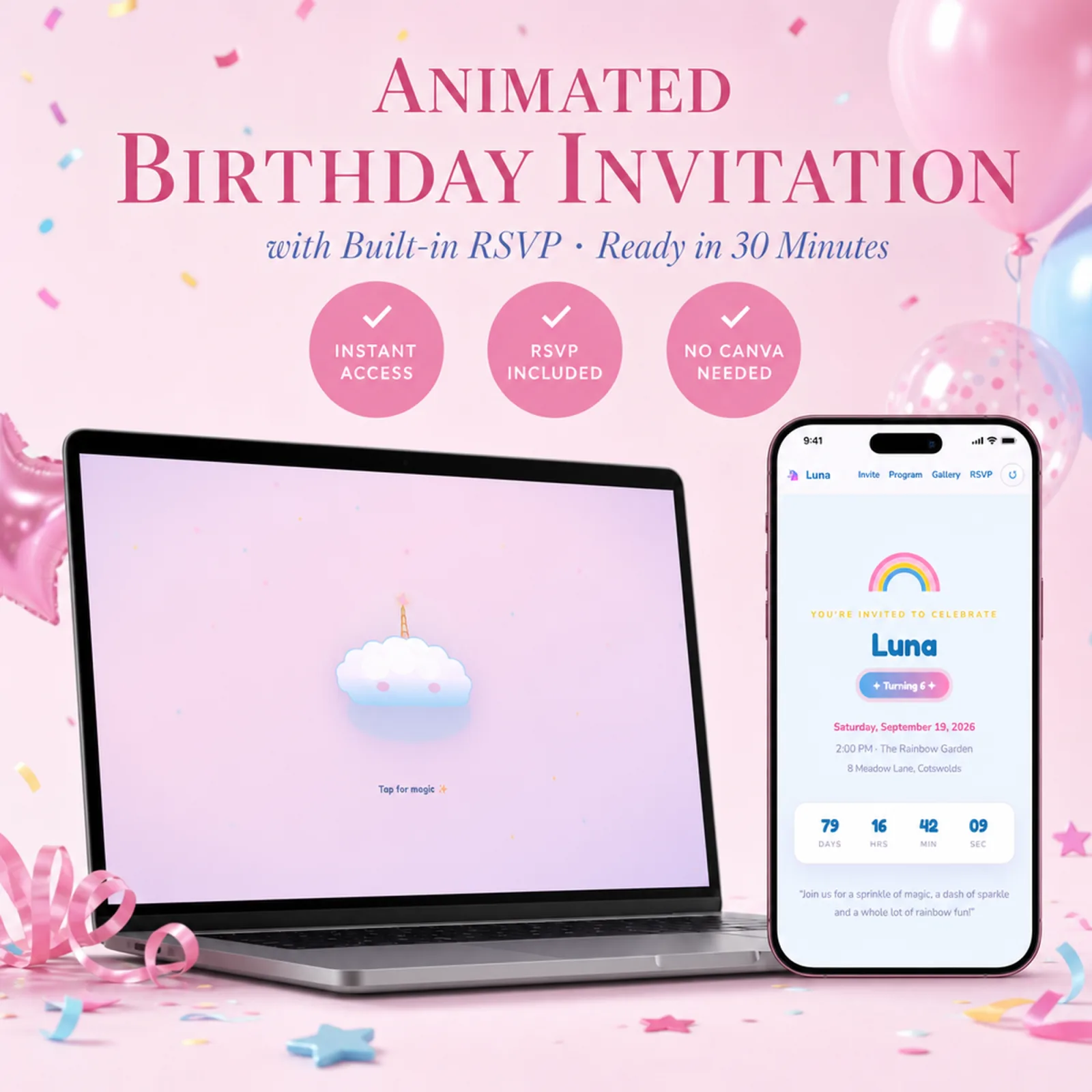 Sky and Pink birthday invitation shown on a laptop and phone with the animated envelope reveal and built-in RSVP — birthday rsvp card, unicorn party, ready in minutes with no Canva
