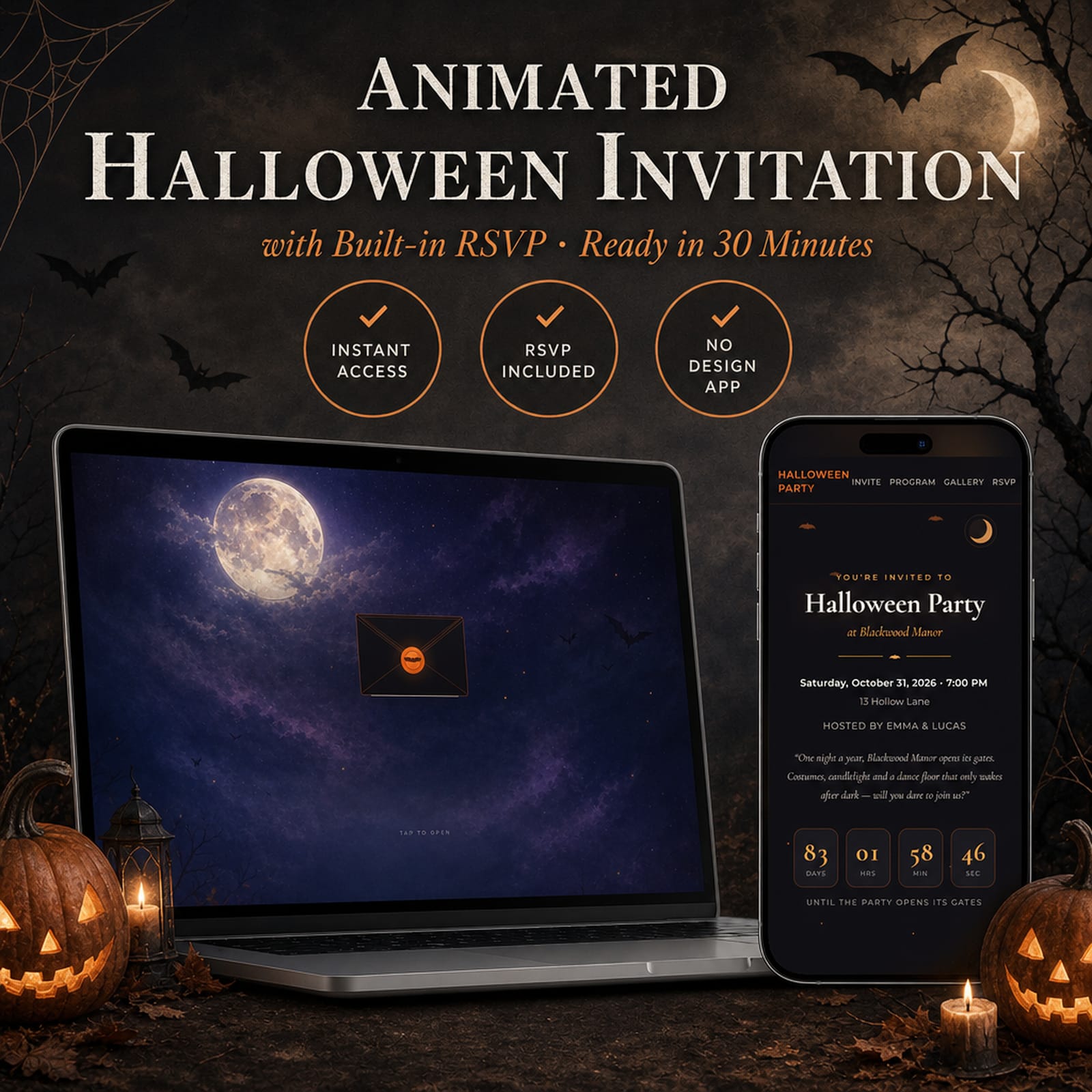Black and Orange Halloween invitation website shown on a laptop and phone with the animated envelope reveal and built-in RSVP — costume party invite, ready in minutes