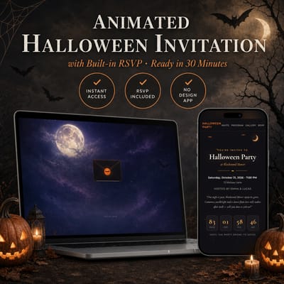 Black and Orange Halloween invitation website shown on a laptop and phone with the animated envelope reveal and built-in RSVP — costume party invite, ready in minutes