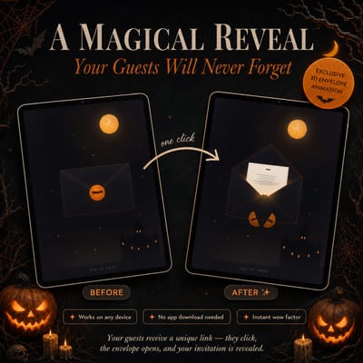 Two tablets showing the sealed envelope and the spooky animated reveal of a Black and Orange Halloween invitation — halloween website with real animation