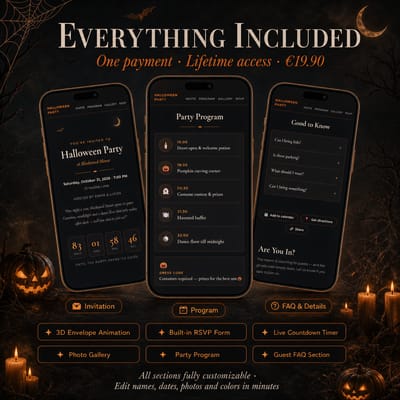 Three phones showing the invitation, party program and Good to Know pages of a Black and Orange Halloween party website — pumpkin invitation