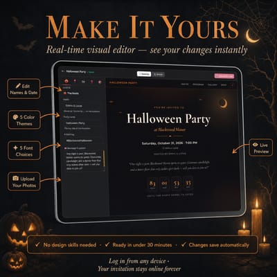 Visual editor on a tablet customizing a Black and Orange Halloween invitation — edit names, date, colors, fonts and photos with no design skills