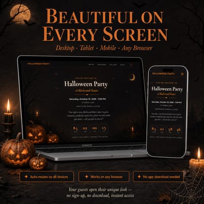 Black and Orange Halloween invitation website on laptop and phone — digital halloween, responsive and beautiful on desktop, tablet and mobile