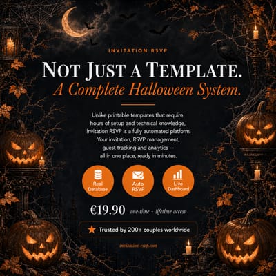 Black and Orange Halloween invitation — not just a template but a complete party system with real database, auto RSVP and live countdown to Halloween